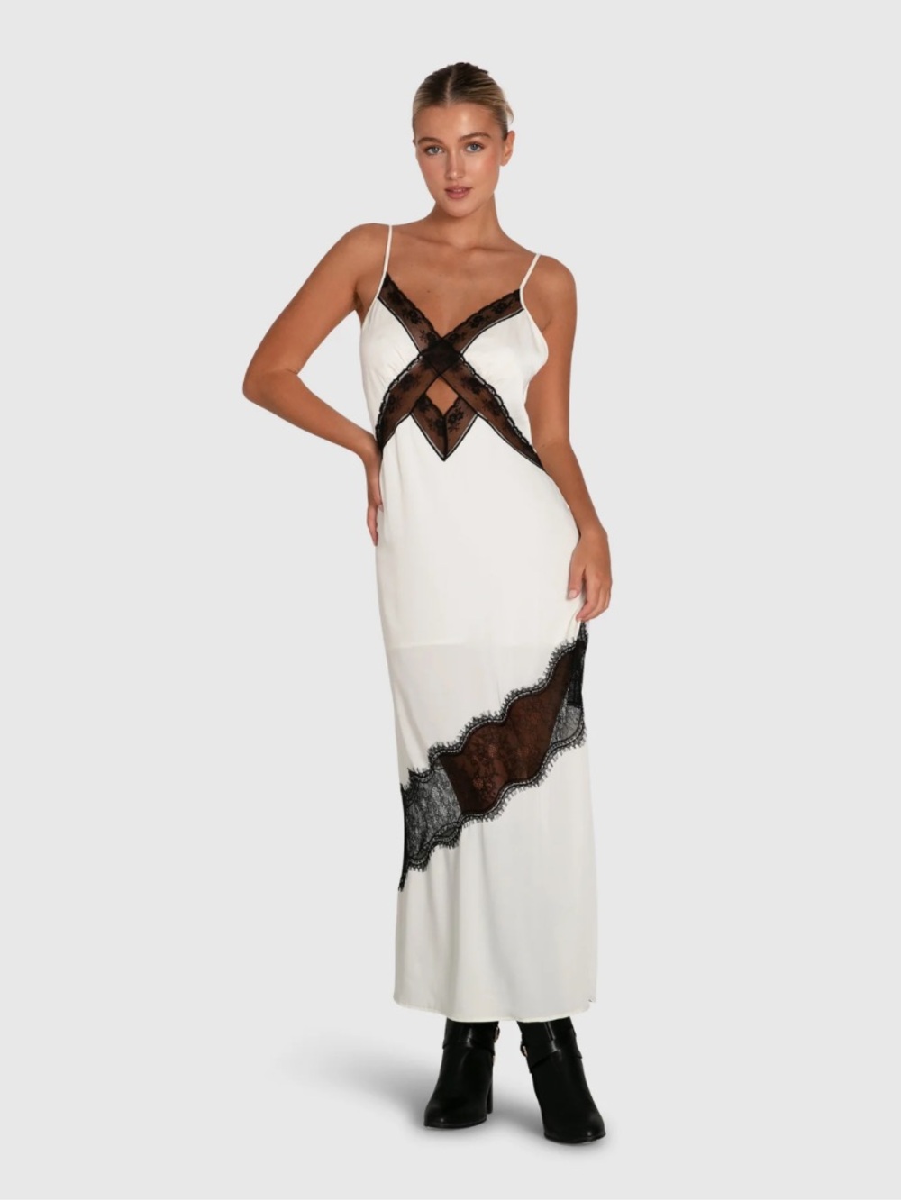 Belle & Bloom White Black Lace Trim Satin Cami Slip Dress NWT XS